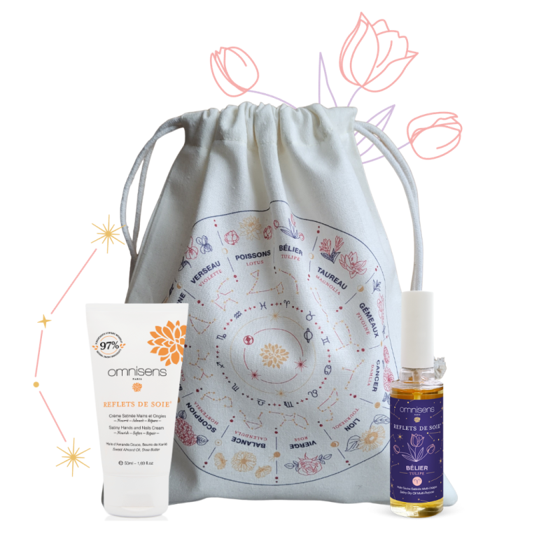 Omnisens Astro Floral Christmas gift including a body oil for the Aries zodiac sign, a hand cream, and an astral pouch.